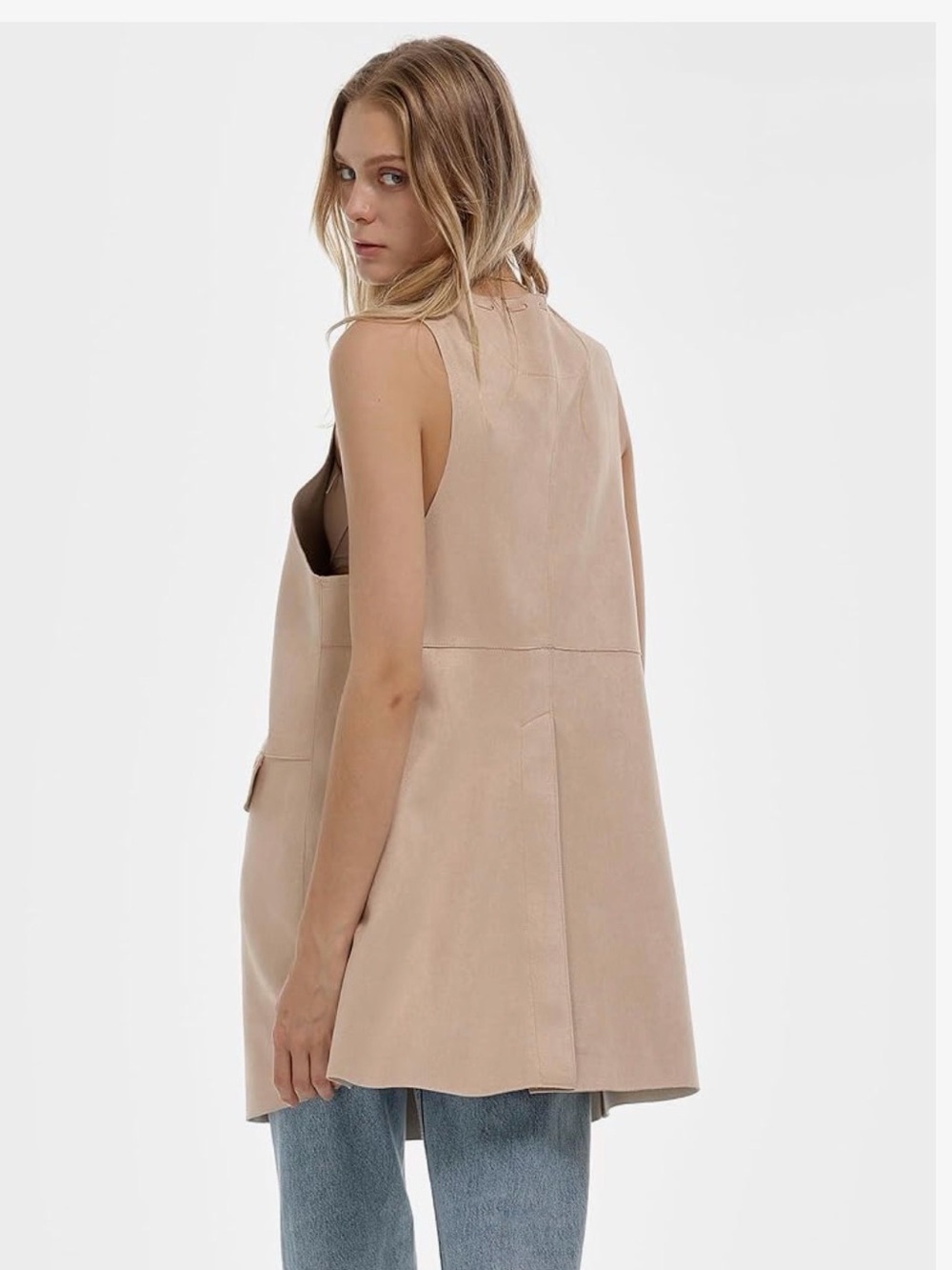 Sleeveless Beige Suede Button Front Vest - Picture 2 of 4